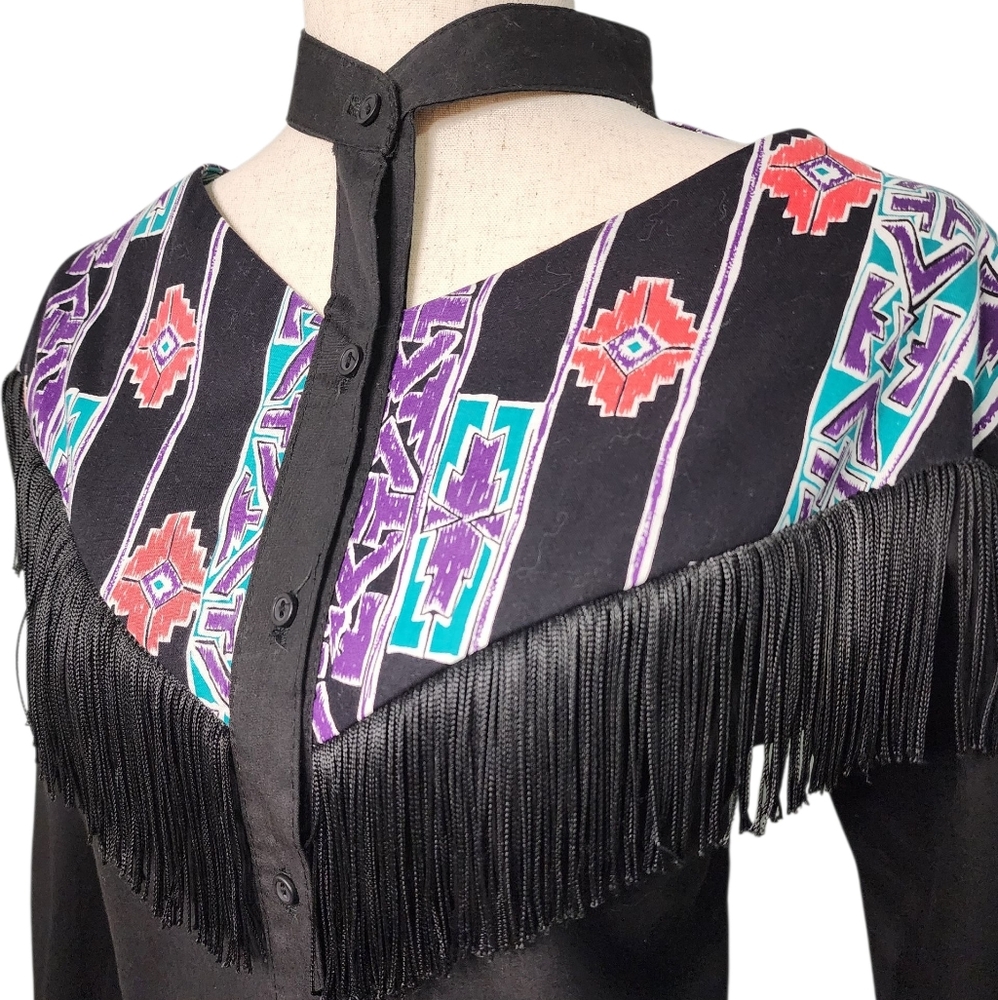 VINTAGE 80s Fringe Button Down Shirt Western Aztec Rodeo Cowboy Cutout